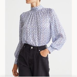 H&M Womens Stand-up Collar Satin Blouse Blue With White Small Flowers